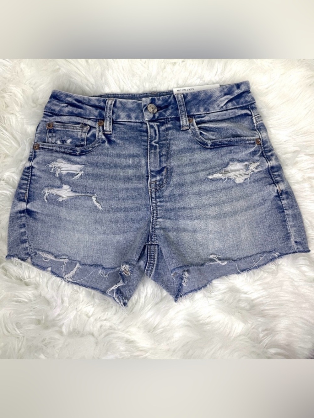 American Eagle Outfitters Light Blue Distressed High Waist Denim Shorts